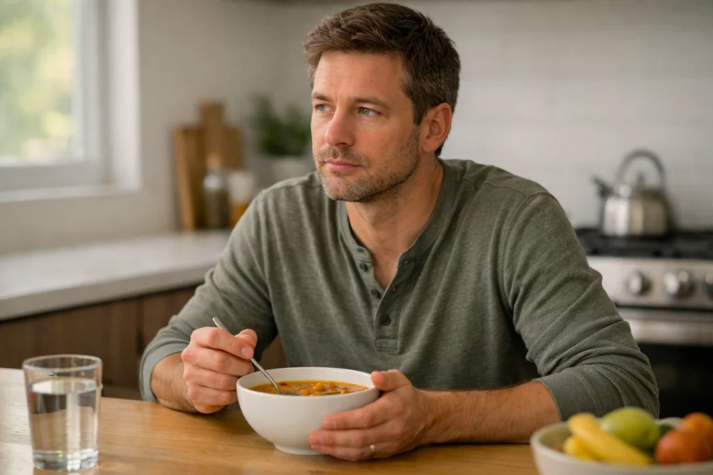 Comforting homemade soup made with vegetables and beans for steady blood sugar levels