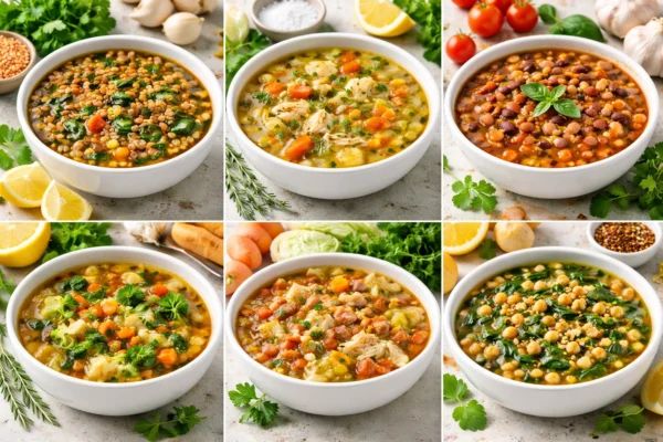 Lentil and Vegetable Soup, Chicken and Vegetable Soup,Tomato and Bean Soup, Bone Broth Vegetable Soup, Cabbage and Turkey Soup, Spinach and Chickpea Soup.