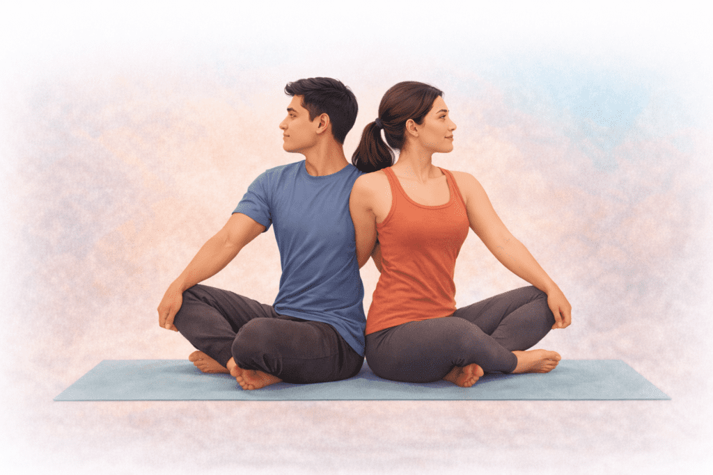 Seated Twist Partner Pose (For Digestion and Spine)