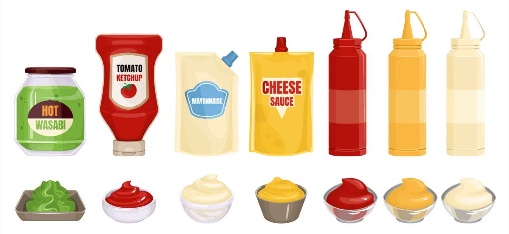 Sauces ketchup, soy sauce, etc.